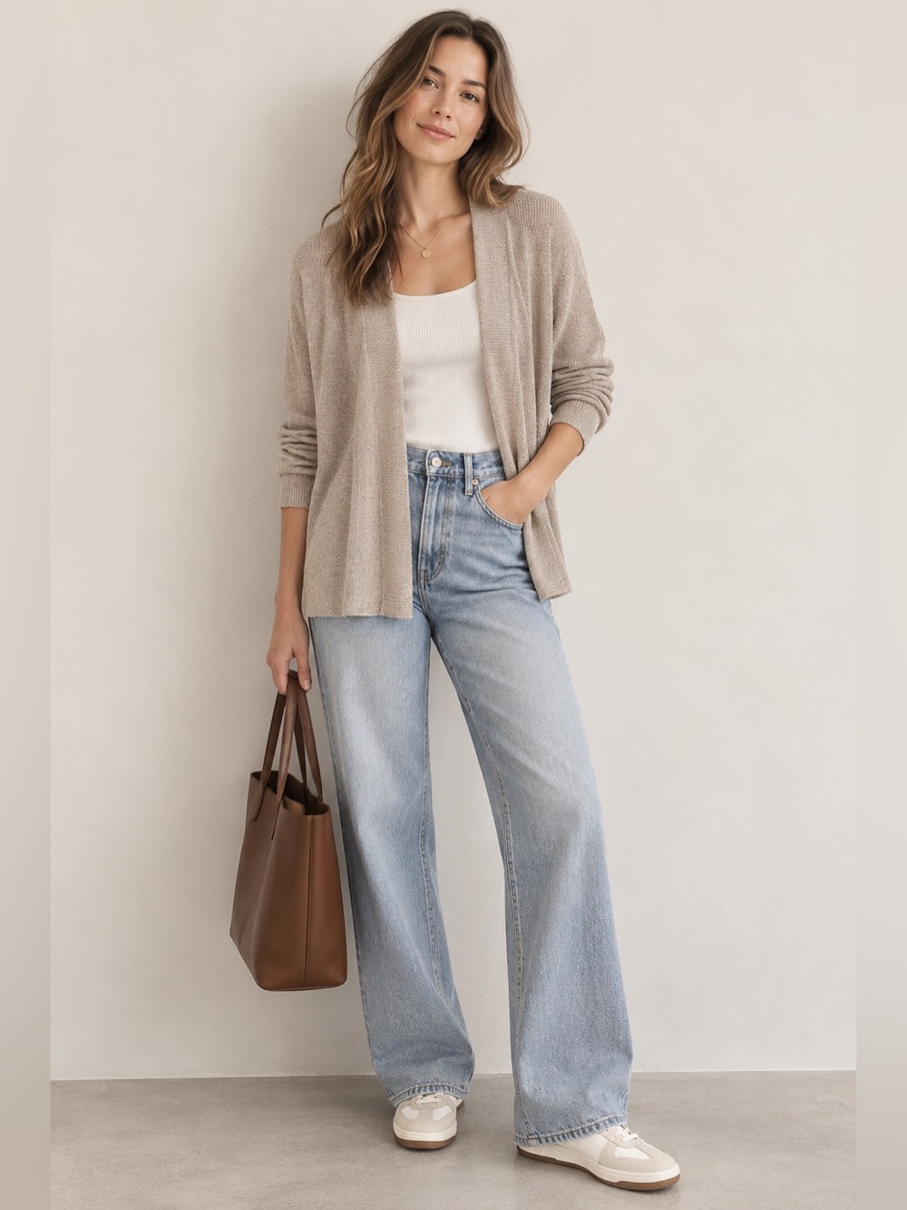 Eileen Fisher Linen Cotton Blend Open Front Cardigan Oatmeal M